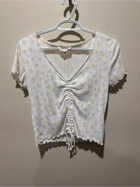 Pink Rose White Floral Ruched V-Neck Drawstring Crop Top